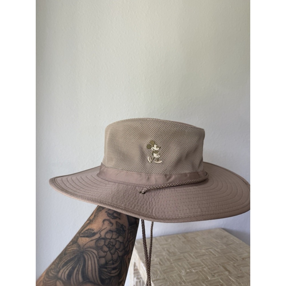 Disney Parks Mickey Mouse Safari Mesh Sun Hat With Strap Adult Size Beige Brown